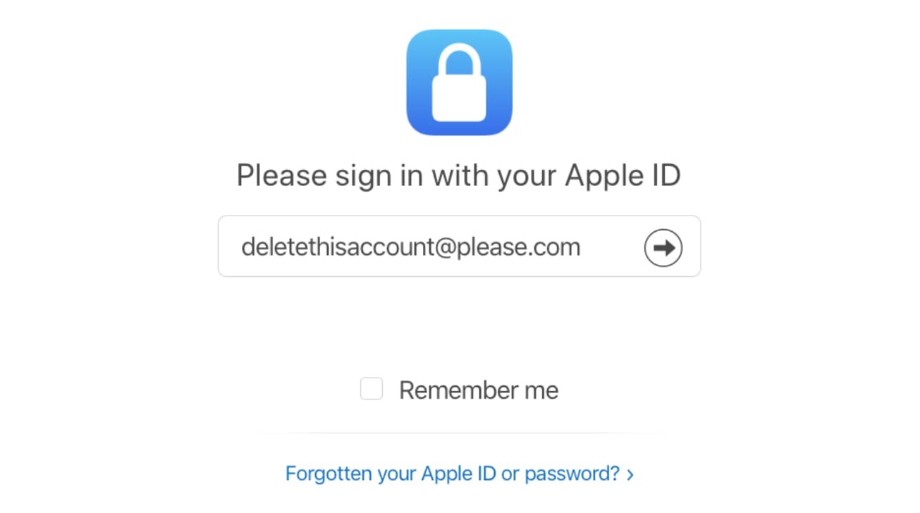 Інтерфейс Apple для видалення облікового запису