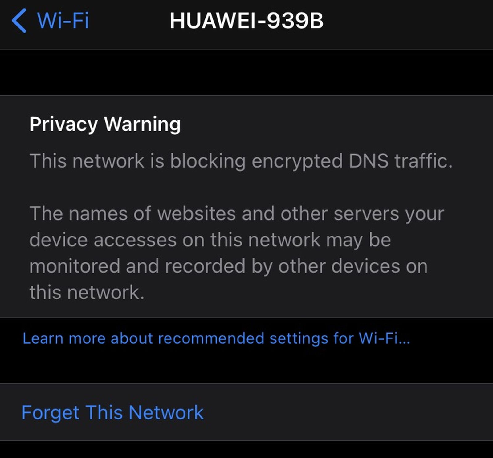Предупреждение о зашифрованном DNS на iPhone