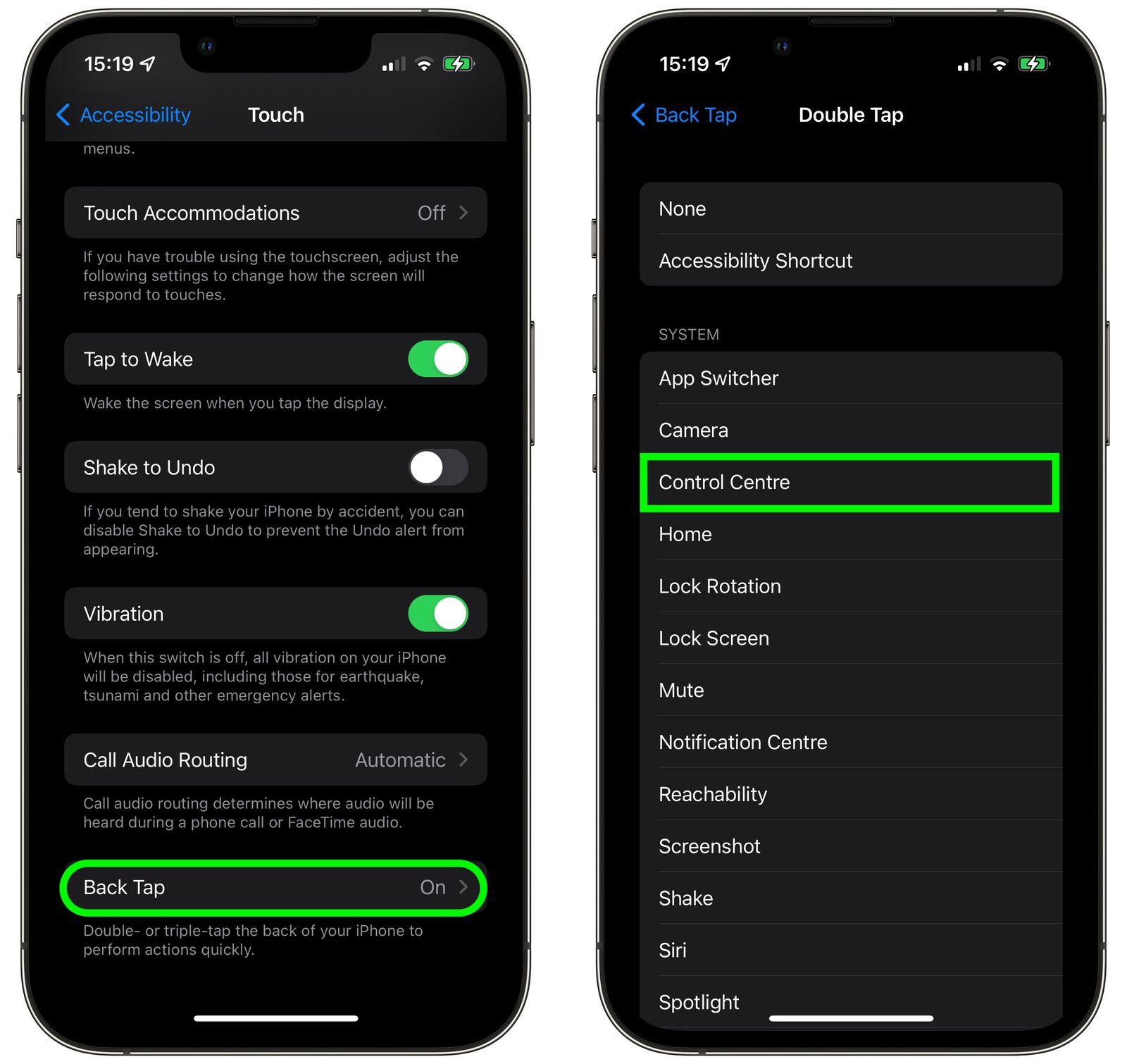 control center back tap