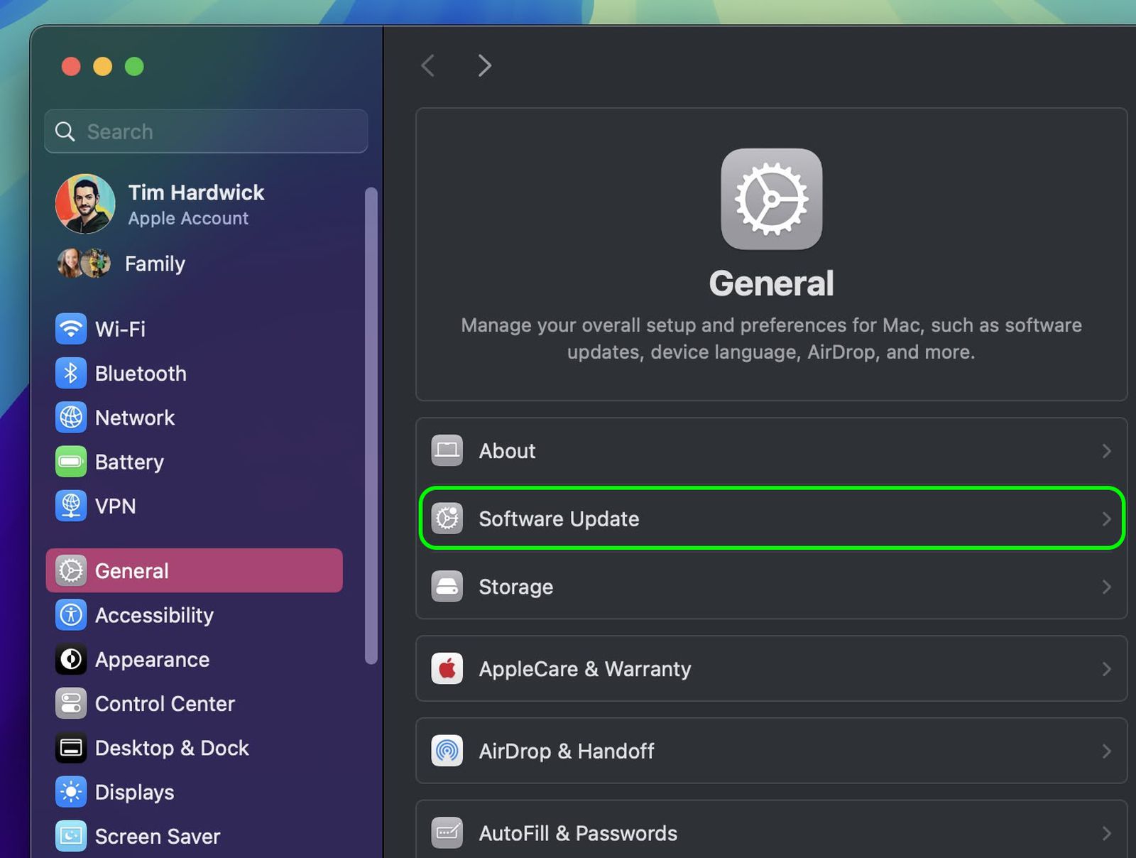 settings software update