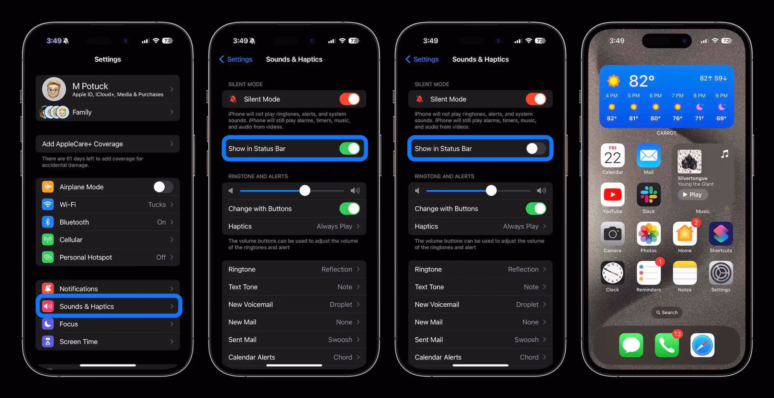 скрыть значок беззвучного звонка на iPhone 16 Pro