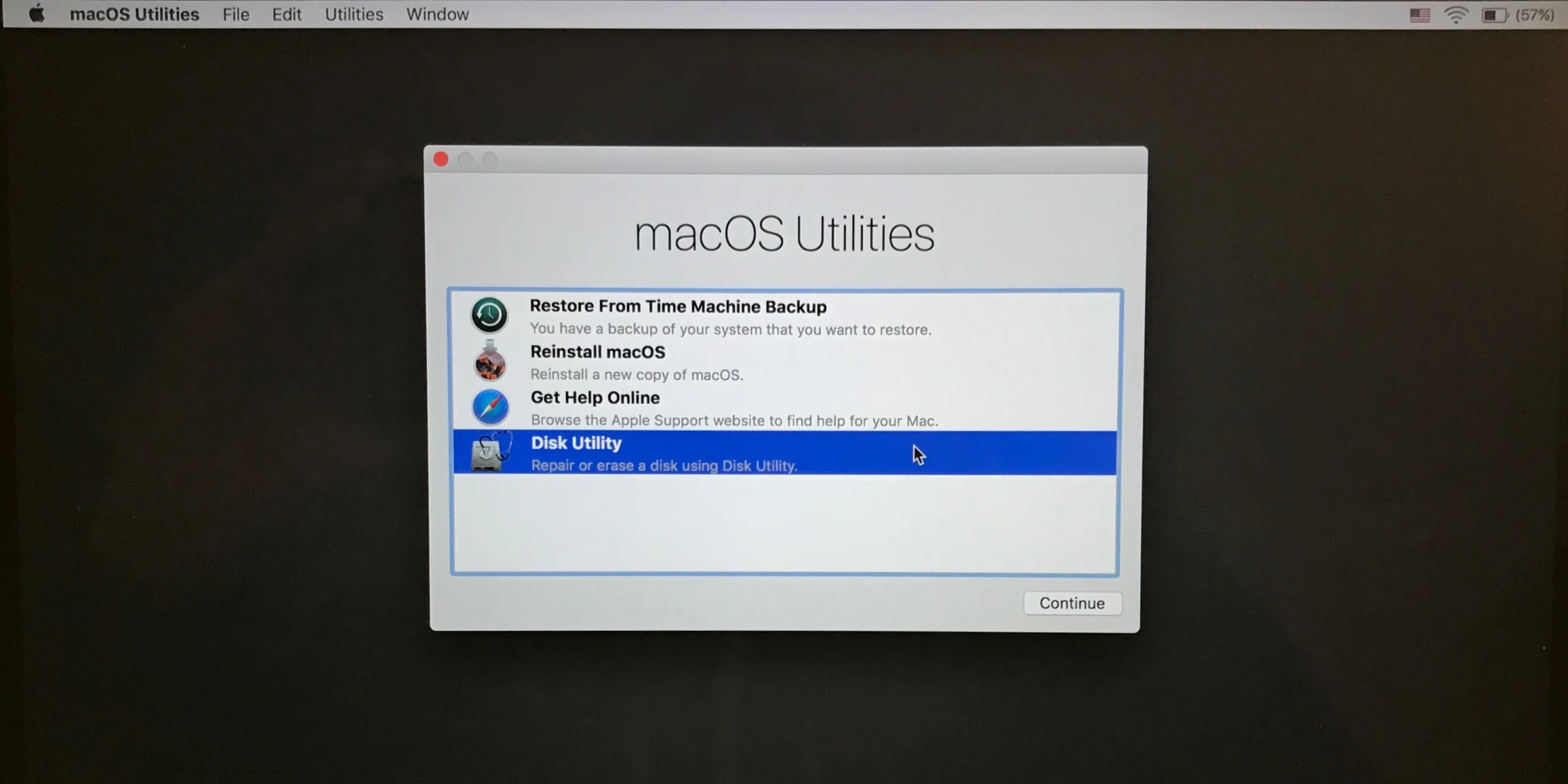 Окно «Утилиты macOS» в Recovery